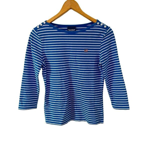 Polo Ralph Lauren Blue White Stripe Boatneck 3/4 Sleeves T-shirt - Picture 1 of 10